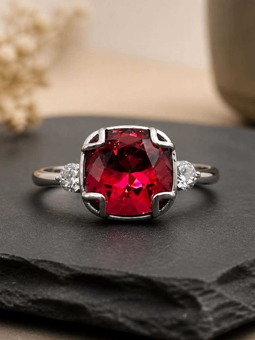 Size 8 FJ moulin rouge 925 Sterling Red Cushion-Cut crystal Ring with Side Stone